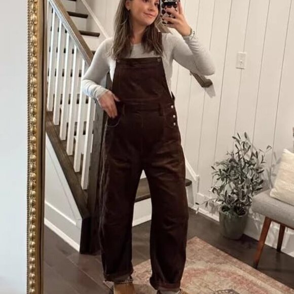 Corduroy Overalls for Women Barrel Wide Leg Bib Corduroy Pants Women Adjustable - Picture 2 of 7